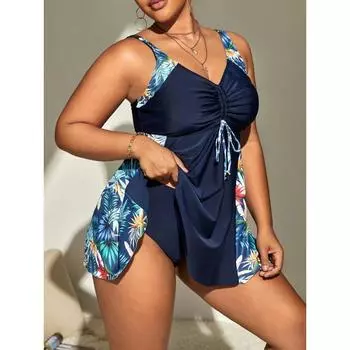 Женский комплект танкини Vacay, купальник большого размера с тропическим принтом, V-образным вырезом, завязками на талии и трусиками с высоким вырезом, комплект из 2 предметов 0XL(12) синий