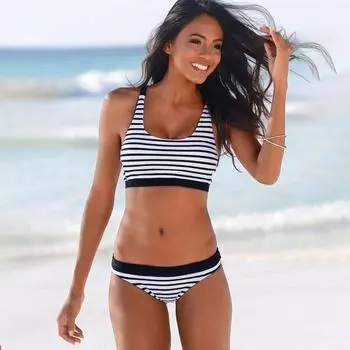 Женский комплект танкини в полоску сзади с перекрестным ремешком, бикини, купальный костюм, купальник из 2 предметов M