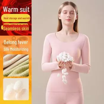 Женский комплект термобелья из кашемира и шелка — верх и низ на бархатной подкладке для осени/зимы L хаки