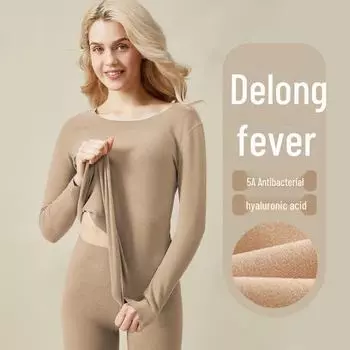 Женский комплект термобелья из немецкой шерсти - плотный, теплый и приятный для кожи с круглым вырезом для осени и зимы M