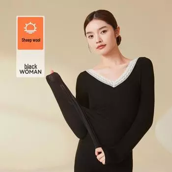 Женский комплект термобелья из шерсти с V-образным вырезом – бесшовный облегающий крой для осеннего тепла One Size