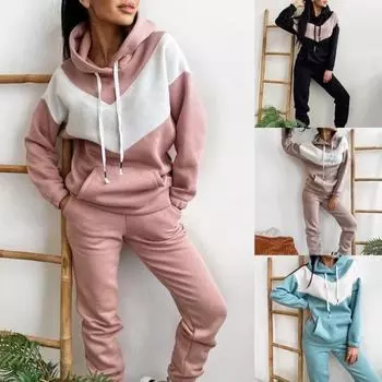 Женский комплект толстовок, брюки с капюшоном, комплект с капюшоном и шнурком, женский контрастный цвет, толстовка, брюки с карманами для занятий спортом S розовый