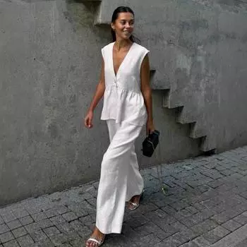 Женский комплект топ-жилет без рукавов с V-образным вырезом и однотонные брюки S