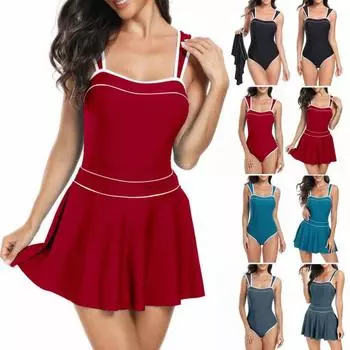 Женский комплект юбки-монокини, однотонный узкий эластичный мягкий купальный костюм без рукавов с высокой талией и квадратным вырезом, пляжная одежда XL красный
