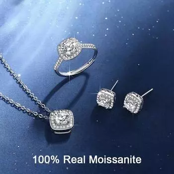 Женский комплект украшений из муассанита из стерлингового серебра 925 пробы, ожерелье, серьги, кольцо, 1 карат, круглая огранка, ореол, женские украшения для свадебной вечеринки
