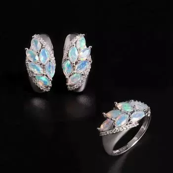 Женский комплект украшений из натурального опала с цветным камнем октября, кольцо и серьги из стерлингового серебра 925 пробы, изысканная одежда для банкета на годовщину US RING SIZE:6# белый