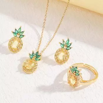 Женский комплект украшений «Креативный ананас»: Колье и серьги с желтым бриллиантом, камнем Fanta, зелеными бриллиантами и открытым кольцом ring