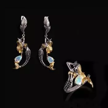 Женский комплект ювелирных изделий из натурального опала с камнем, рожденным в октябре, из серебра 925 пробы, кольцо и серьги, изысканный наряд для банкета и юбилея US RING SIZE:7# разноцветный