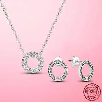 Женский комплект ювелирных изделий из стерлингового серебра 925 пробы, круглые серьги с цирконом CZ, ожерелье, женский комплект ювелирных изделий, обручальные свадебные украшения, воротник серебряный