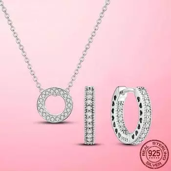 Женский комплект ювелирных изделий, круглый, ослепительный, с фианитами, ожерелье и серьги для женщин, комплект ювелирных изделий из серебра 925 пробы, ювелирные изделия в подарок серебряный