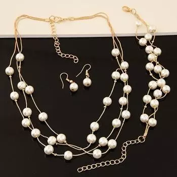 Женский комплект ювелирных изделий, ожерелье, браслет, серьги, декор из искусственного жемчуга, многослойное ожерелье, регулируемая легкая цепочка для свитера из нержавеющей стали, женские уши серебряный