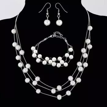 Женский комплект ювелирных изделий, ожерелье, браслет, серьги, декор из искусственного жемчуга, многослойное ожерелье, регулируемая легкая цепочка для свитера из нержавеющей стали, женские уши золотистый