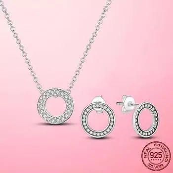 Женский комплект ювелирных изделий Серебряный цвет Круглый Cz Циркон Серьги Ожерелье Женский комплект ювелирных изделий Помолвка Свадебные украшения Воротник Подарок серебряный