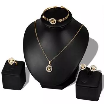 Женский комплект ювелирных изделий со стразами и полой короной, ожерелье, открытый браслет, серьги-кольца золотистый