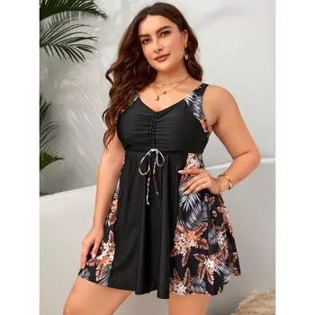 Женский комплект Vacay Tankini, купальник большого размера с тропическим принтом, юбка, топ и трусики, комплект из 2 предметов 0XL(12) мандариновый