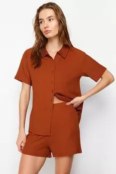 Женский комплект верх-низ, модный новый сезон, текстурированная рубашка и шорты из кирпичной ткани, вязаный комплект верх-низ
