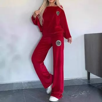 Женский комплект весна-осень из золотистого бархата, однотонный, круглый вырез, рукава «летучая мышь», вышитый узор, верх, повседневные брюки, комплект из двух предметов L