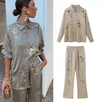 Женский комплект, вышитая бисером модная весенняя рубашка для женщин, летние женские брюки, повседневный шикарный женский костюм L чёрный
