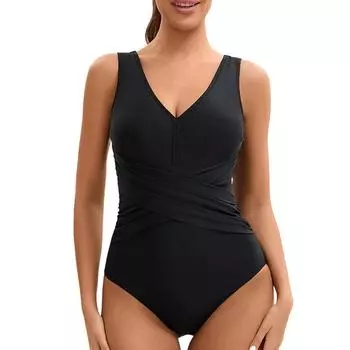 Женский консервативный цельный купальник без рукавов с V-образным вырезом, на бретелях и подушками для груди L чёрный
