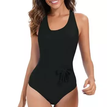 Женский консервативный цельный купальник без рукавов с открытой спиной, однотонный, с перекрестными бретелями и подушкой для груди L чёрный