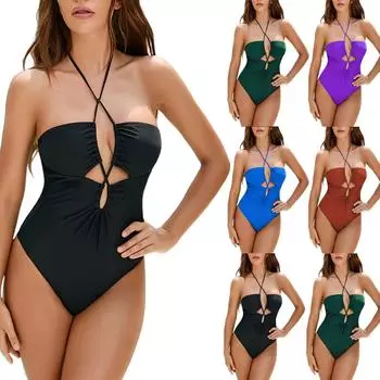 Женский консервативный цельный купальник без рукавов с открытой спиной, перекрестными бретелями и подушкой для груди L чёрный