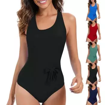 Женский консервативный цельный купальник без рукавов с открытой спиной, однотонный, с перекрестными бретелями и подушкой для груди L чёрный