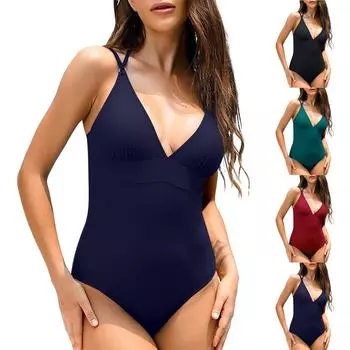 Женский консервативный цельный купальник без рукавов с V-образным вырезом, на бретелях и подушками для груди L чёрный