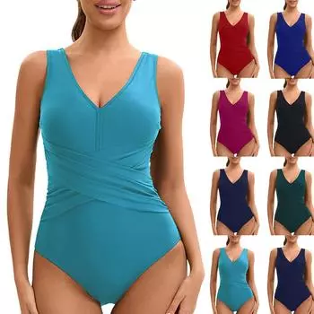 Женский консервативный цельный купальник без рукавов с V-образным вырезом, на бретелях и подушками для груди L чёрный