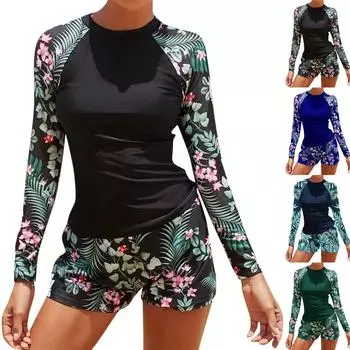 Женский консервативный купальник-боксер бикини с цветным цифровым принтом и длинными рукавами L чёрный