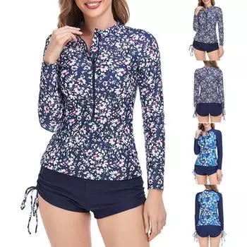 Женский консервативный купальник-боксер с длинным рукавом и принтом на молнии, состоящий из двух частей M синий