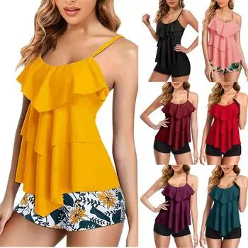 Женский консервативный купальник с плоскими угловыми брюками с оборками и разрезом, состоящий из двух частей L красный