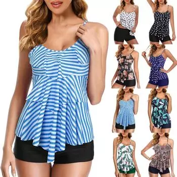 Женский консервативный купальник с плоскими угловыми брюками с оборками и разрезом, состоящий из двух частей L чёрный