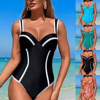 Женский контрастный цветной пляжный слитный бикини сексуальный купальный костюм S чёрный