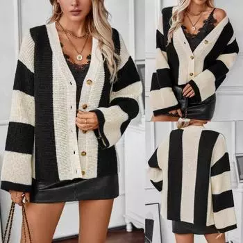 Женский контрастный полосатый стиль женский свитер кардиган, новый повседневный свободный свитер для осени и зимы S абрикосовый