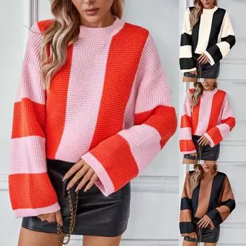 Женский контрастный полосатый свитер осень и зима повседневный свободный пуловер свитер XL бежевый