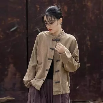 Женский контрастный топ на пуговицах 2025 года: Новая верхняя одежда для медитации в китайском стиле One Size