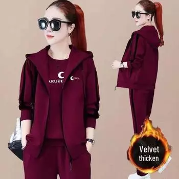 Женский корейский бархатный костюм-тройка: Зимний свитер с длинными рукавами, утепленный жилет и повседневная теплая спортивная одежда. 4XL вино красного