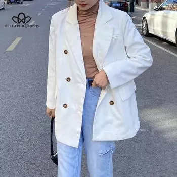 Женский корейский офисный женский однотонный пиджак большого размера, женская куртка, вельветовый синий двубортный винтажный повседневный блейзер S чёрный