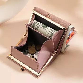 Женский короткий кошелек из натуральной японской кожи с оправой из сплава и защитой RFID светло-синий