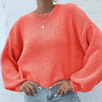 Женский короткий однотонный вязаный свитер с круглым вырезом и длинными рукавами из шенилла, свободный базовый свитер One Size синий