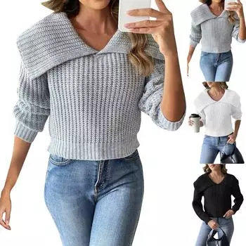 Женский короткий осенне-зимний вязаный свитер с большим воротником-пуловером M чёрный