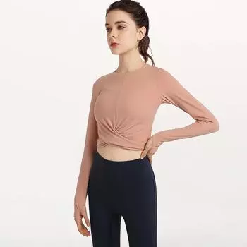 Женский короткий повседневный тонкий топ для йоги с длинным рукавом S оливковое зеленый