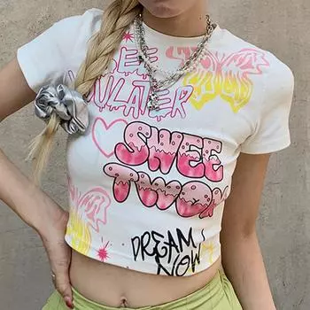 Женский короткий пуловер с короткими рукавами и принтом граффити из мультфильма, футболка с круглым вырезом и коротким топом