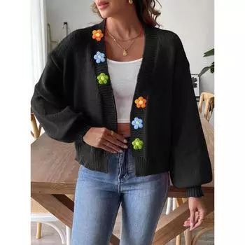 Женский короткий свитер без пуговиц, связанный крючком в стиле пэчворк с цветочным узором, осень/зима S хаки