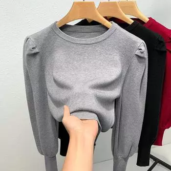 Женский короткий свитер с круглым вырезом и рукавами-фонариками на осень и зиму one size темно-серого