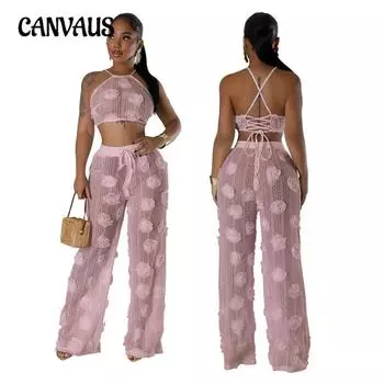 Женский короткий топ на шнуровке со свободными узкими брюками, прозрачный комплект из двух предметов чистого цвета S белый