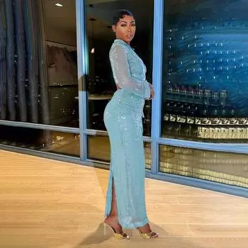 Женский короткий топ с глубоким V-образным вырезом и длинными рукавами, с сумкой на бедрах, полуюбкой, комплект из двух предметов с пайетками S чёрный