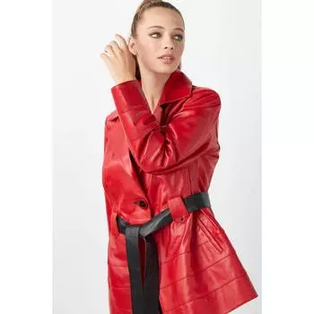 Женский короткий тренч из натуральной кожи красный