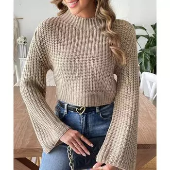 Женский короткий укороченный плетеный свитер на осень и зиму с рукавами-колокольчиками и полуводолазкой XL белый