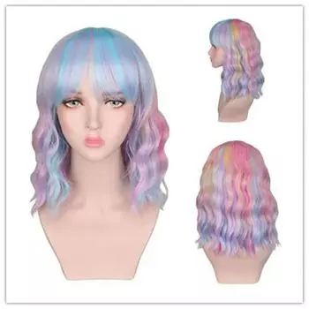 Женский короткий волнистый парик с челкой, женские синтетические волосы, парик для косплея, радужные разноцветные парики для вечеринок